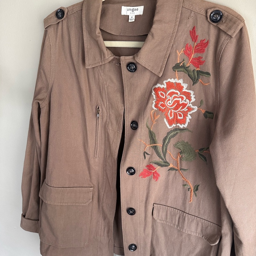 Umgee Tan Utility Jacket with Red Green Orange Floral Embroidery